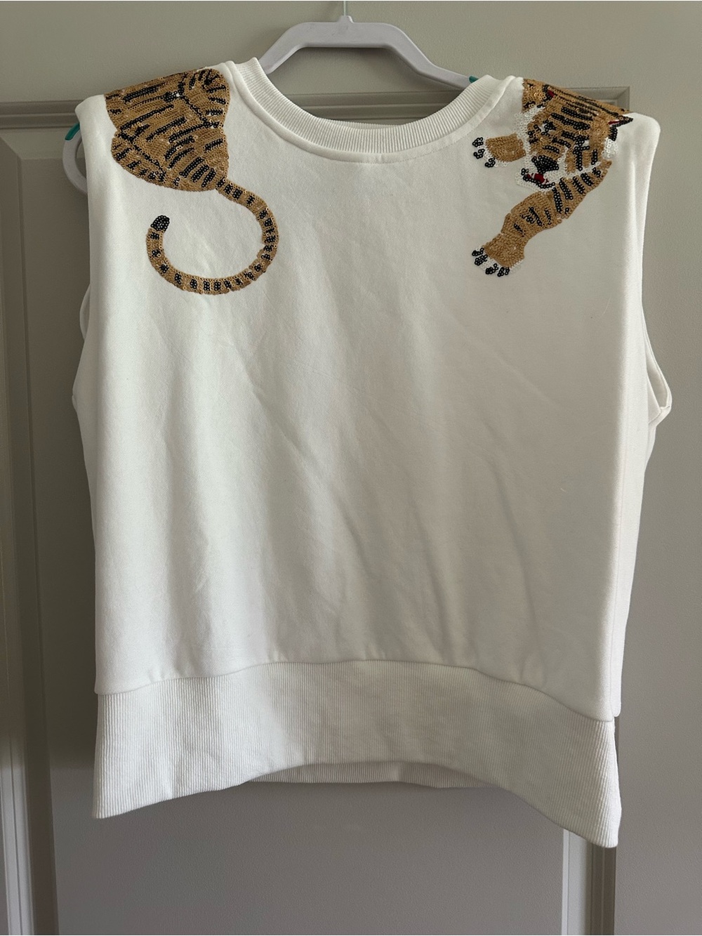 White Sleeveless Tiger Embroidered Top